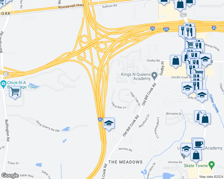 map of restaurants, bars, coffee shops, grocery stores, and more near 5398 Sand Bar Lane in College Park