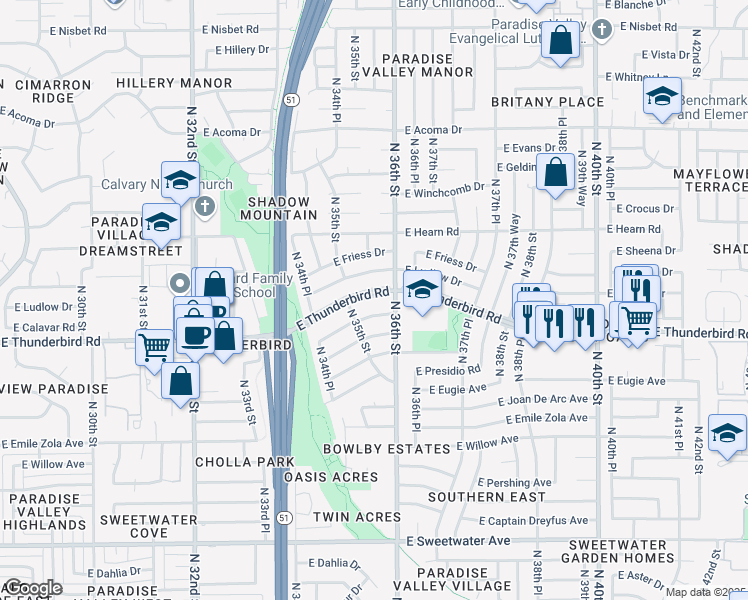 map of restaurants, bars, coffee shops, grocery stores, and more near 3527 East Thunderbird Road in Phoenix