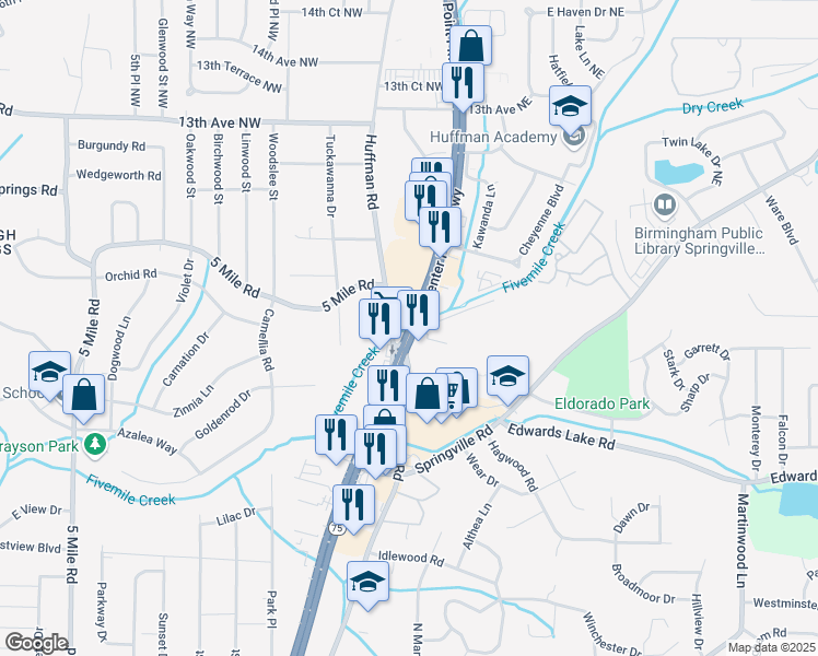 map of restaurants, bars, coffee shops, grocery stores, and more near 608 Center Point Parkway in Birmingham