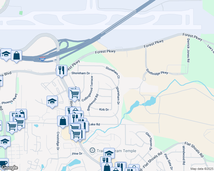 map of restaurants, bars, coffee shops, grocery stores, and more near 5229 Kirk Drive in Atlanta