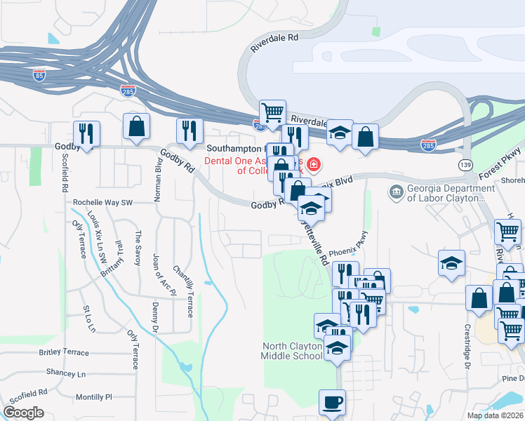 map of restaurants, bars, coffee shops, grocery stores, and more near 1897 Godby Road in Atlanta