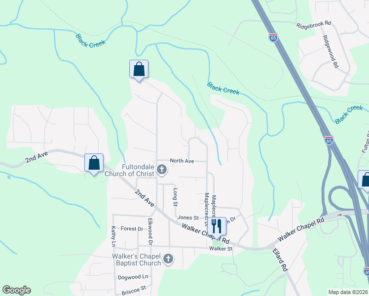 map of restaurants, bars, coffee shops, grocery stores, and more near 2208 Elizabeth Street in Fultondale