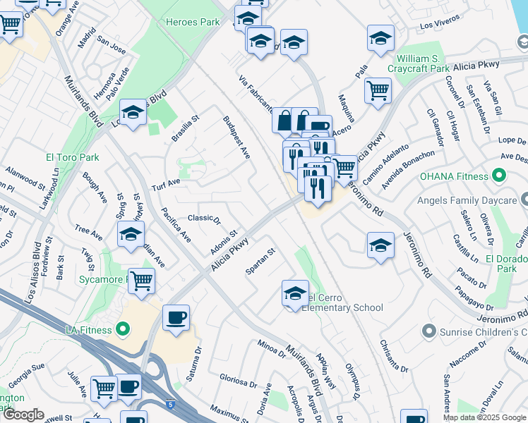 map of restaurants, bars, coffee shops, grocery stores, and more near 25672 Po Avenue in Mission Viejo