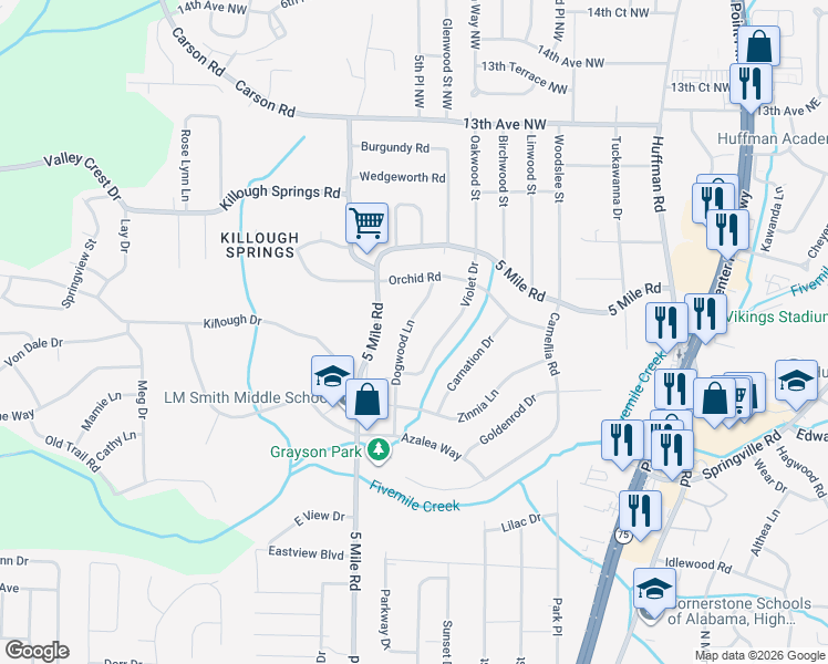 map of restaurants, bars, coffee shops, grocery stores, and more near 1172 Dogwood Lane in Birmingham