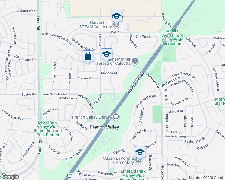 map of restaurants, bars, coffee shops, grocery stores, and more near 34967 Lava Tree Lane in Winchester