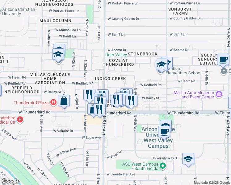 map of restaurants, bars, coffee shops, grocery stores, and more near Unnamed Road in Glendale