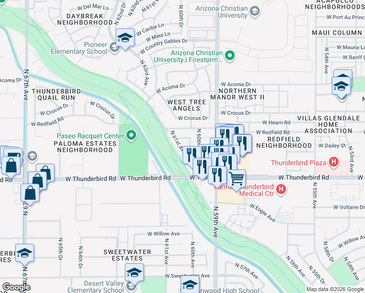 map of restaurants, bars, coffee shops, grocery stores, and more near 14046 North 61st Avenue in Glendale