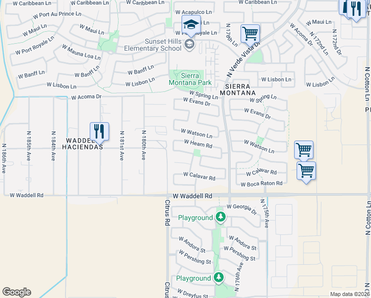 map of restaurants, bars, coffee shops, grocery stores, and more near 17851 West Hearn Road in Surprise