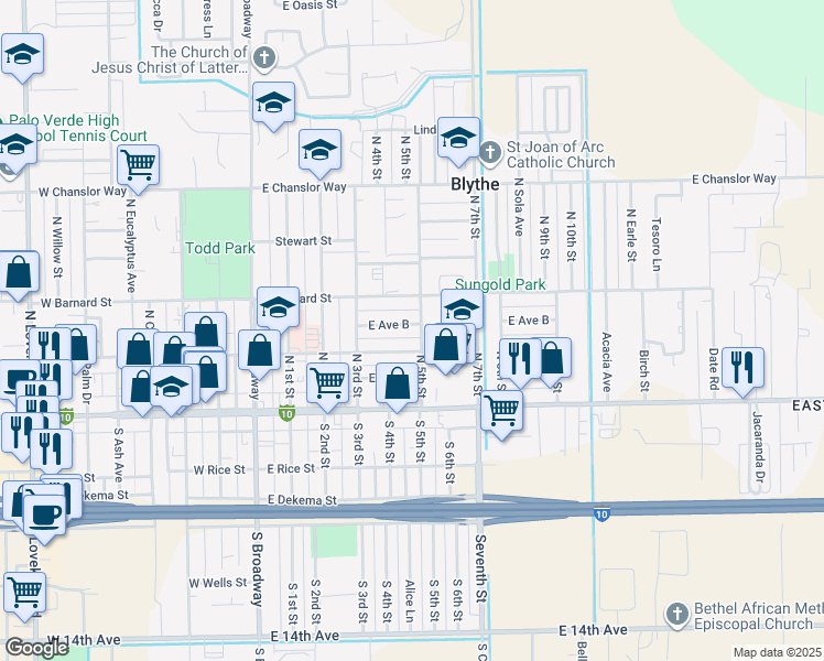 map of restaurants, bars, coffee shops, grocery stores, and more near 535 East Avenue B in Blythe