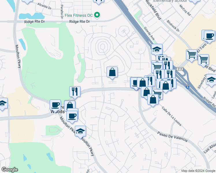 map of restaurants, bars, coffee shops, grocery stores, and more near 2033 Via Mariposa East in Laguna Woods
