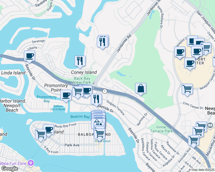 map of restaurants, bars, coffee shops, grocery stores, and more near 10 Back Bay Drive in Newport Beach