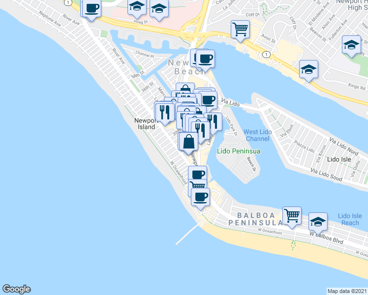 map of restaurants, bars, coffee shops, grocery stores, and more near 2819 Newport Boulevard in Newport Beach