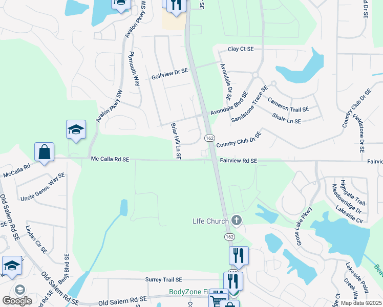 map of restaurants, bars, coffee shops, grocery stores, and more near 2132 McCalla Road in Conyers