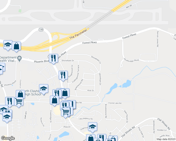 map of restaurants, bars, coffee shops, grocery stores, and more near 5221 Kirk Drive in Atlanta