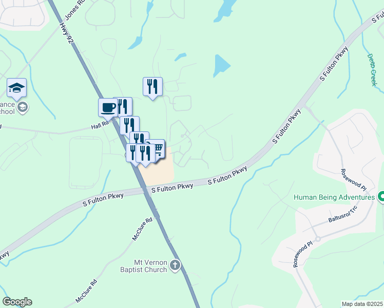 map of restaurants, bars, coffee shops, grocery stores, and more near 5150 Thompson Road in Fairburn