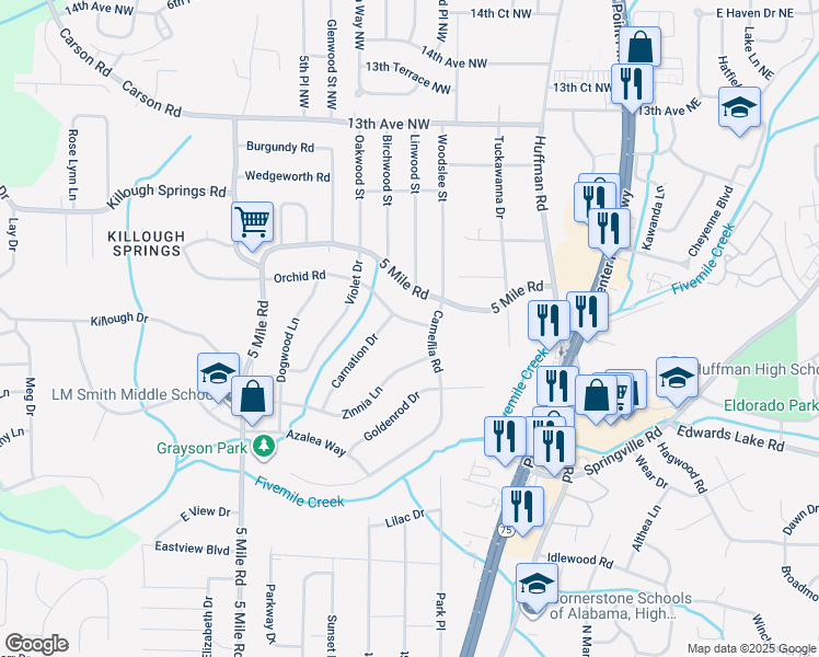 map of restaurants, bars, coffee shops, grocery stores, and more near 528 Orchid Road in Birmingham