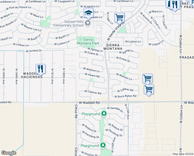 map of restaurants, bars, coffee shops, grocery stores, and more near 17725 West Watson Lane in Surprise