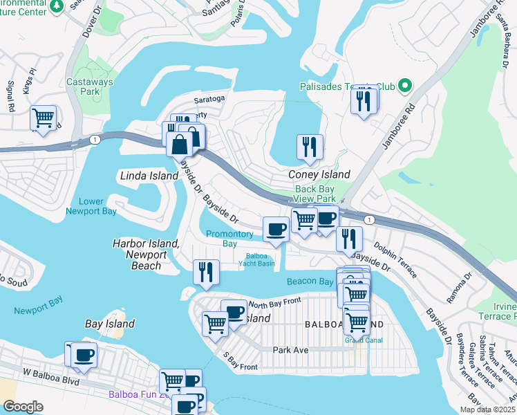 map of restaurants, bars, coffee shops, grocery stores, and more near 171 Promontory Drive West in Newport Beach