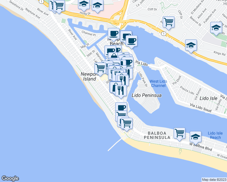 map of restaurants, bars, coffee shops, grocery stores, and more near 211 28th Street in Newport Beach