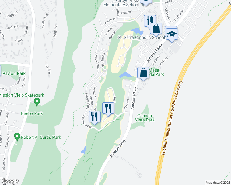map of restaurants, bars, coffee shops, grocery stores, and more near 14 Reata in Rancho Santa Margarita