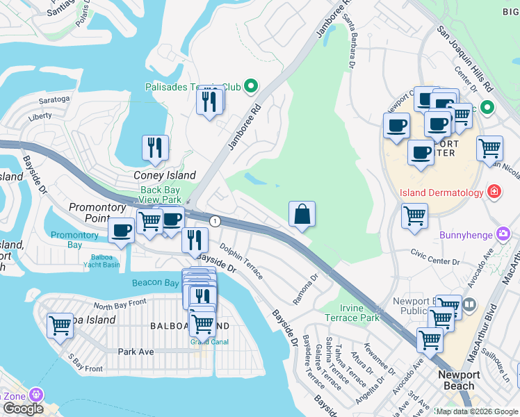 map of restaurants, bars, coffee shops, grocery stores, and more near 302 Villa Point Drive in Newport Beach