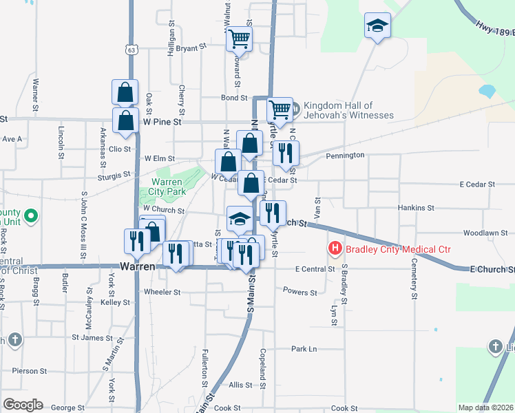 map of restaurants, bars, coffee shops, grocery stores, and more near 211 South Main Street in Warren