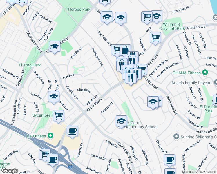 map of restaurants, bars, coffee shops, grocery stores, and more near 25672 Po Avenue in Mission Viejo