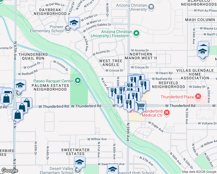 map of restaurants, bars, coffee shops, grocery stores, and more near 14046 North 61st Avenue in Glendale