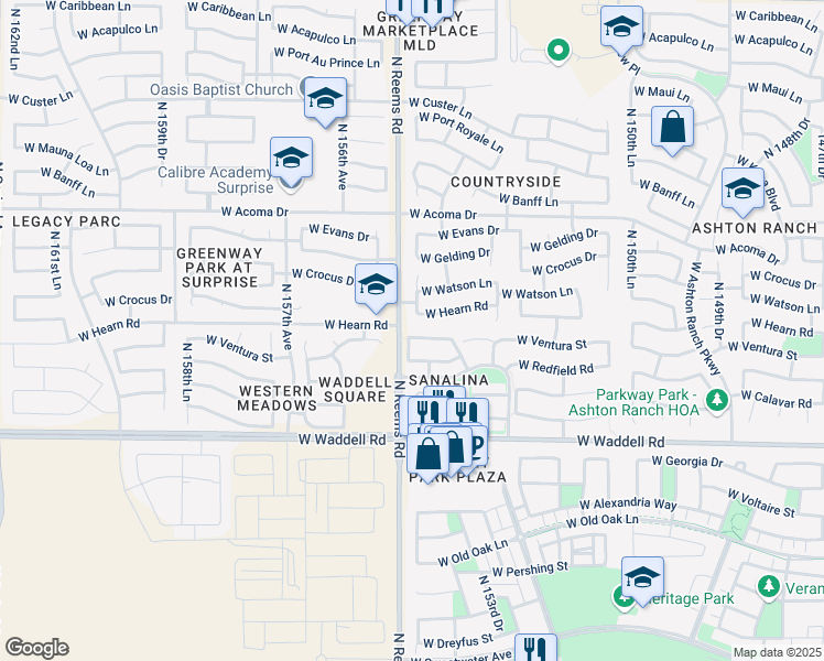 map of restaurants, bars, coffee shops, grocery stores, and more near 14246 North 154th Lane in Surprise
