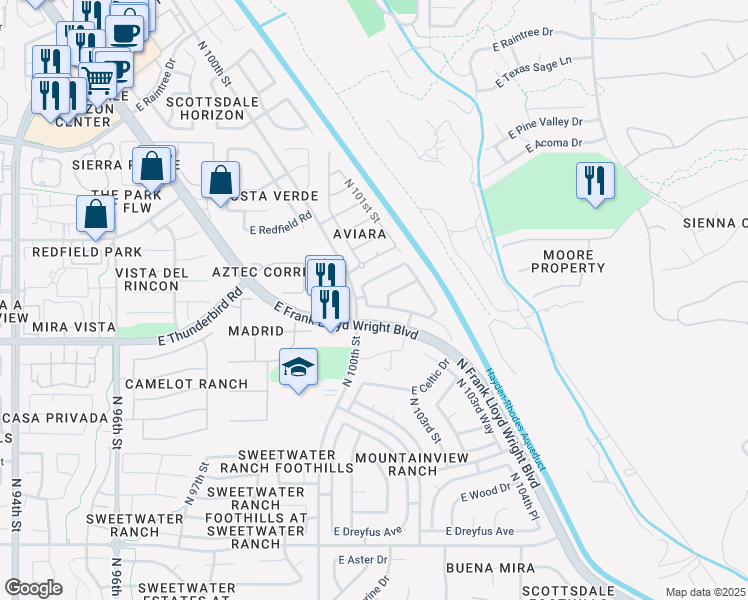 map of restaurants, bars, coffee shops, grocery stores, and more near 10124 East Meadow Hill Drive in Scottsdale