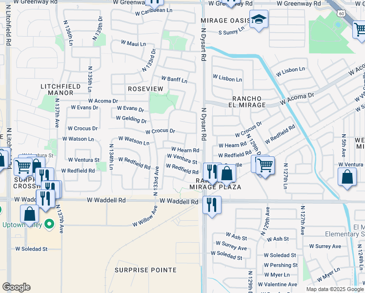 map of restaurants, bars, coffee shops, grocery stores, and more near 13198 West Watson Lane in Surprise