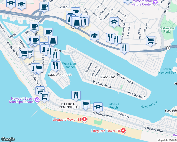 map of restaurants, bars, coffee shops, grocery stores, and more near 401 Piazza Lido in Newport Beach