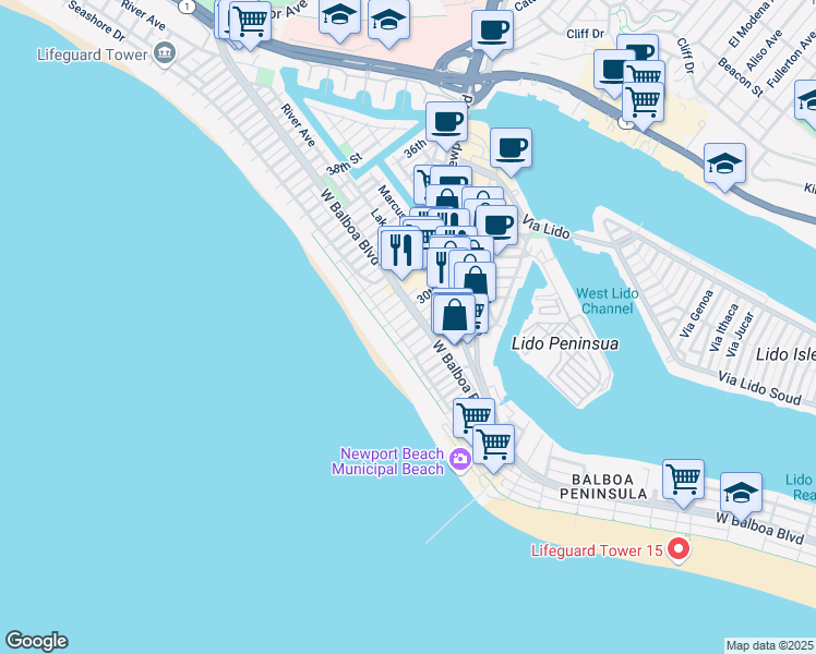 map of restaurants, bars, coffee shops, grocery stores, and more near 117 29th Street in Newport Beach