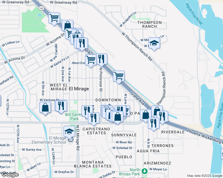 map of restaurants, bars, coffee shops, grocery stores, and more near 14301 North Poppy Street in El Mirage