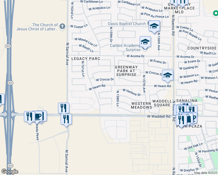 map of restaurants, bars, coffee shops, grocery stores, and more near 15950 West Hearn Road in Surprise