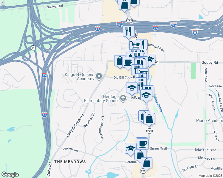 map of restaurants, bars, coffee shops, grocery stores, and more near 5195 Dunmoreland Court in College Park