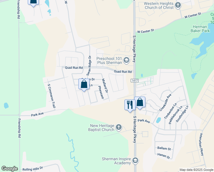 map of restaurants, bars, coffee shops, grocery stores, and more near 1215 Mallard Drive in Sherman