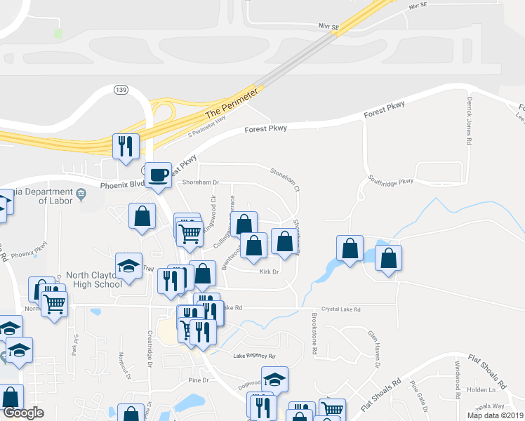 map of restaurants, bars, coffee shops, grocery stores, and more near 5221 Kirk Drive in Atlanta