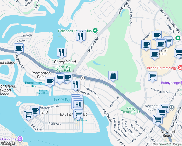 map of restaurants, bars, coffee shops, grocery stores, and more near 78 Villa Point Drive in Newport Beach