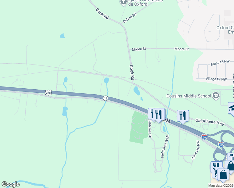 map of restaurants, bars, coffee shops, grocery stores, and more near 10445 Old Atlanta Highway in Covington