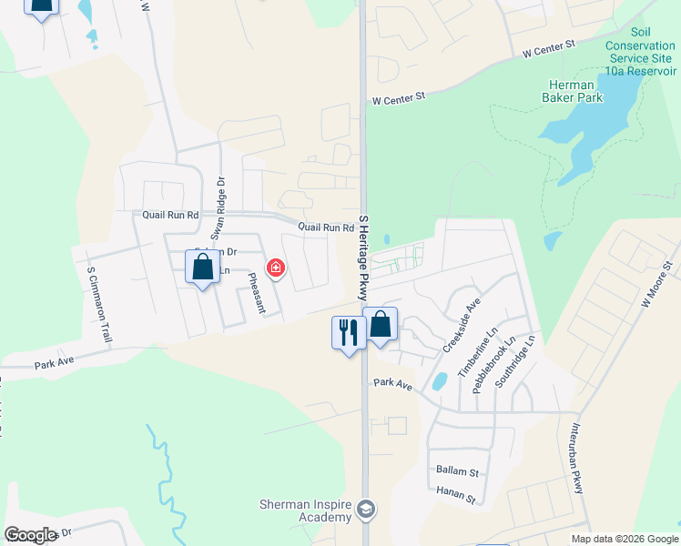 map of restaurants, bars, coffee shops, grocery stores, and more near 1301 Saratoga Drive in Sherman