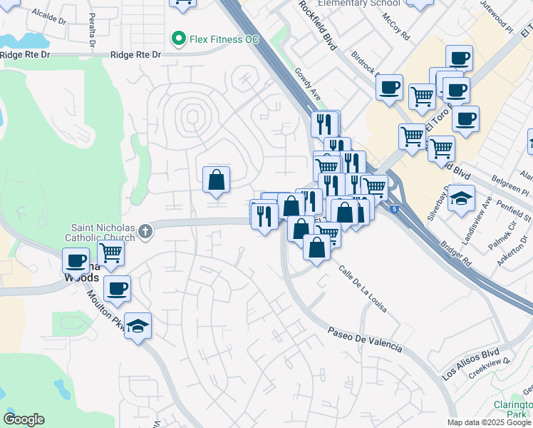 map of restaurants, bars, coffee shops, grocery stores, and more near 2056 Via Mariposa East in Laguna Woods