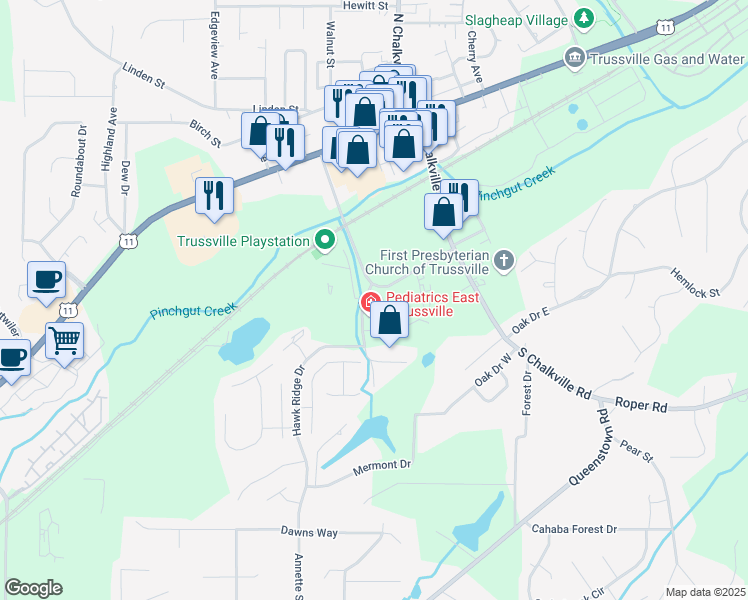 map of restaurants, bars, coffee shops, grocery stores, and more near 127 Watterson Parkway in Trussville