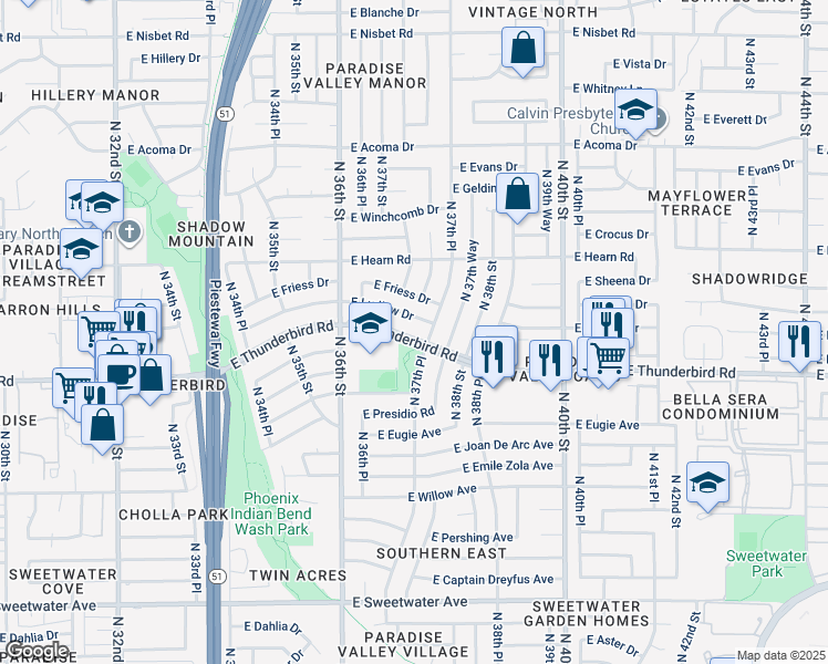 map of restaurants, bars, coffee shops, grocery stores, and more near 3647 East Ludlow Drive in Phoenix