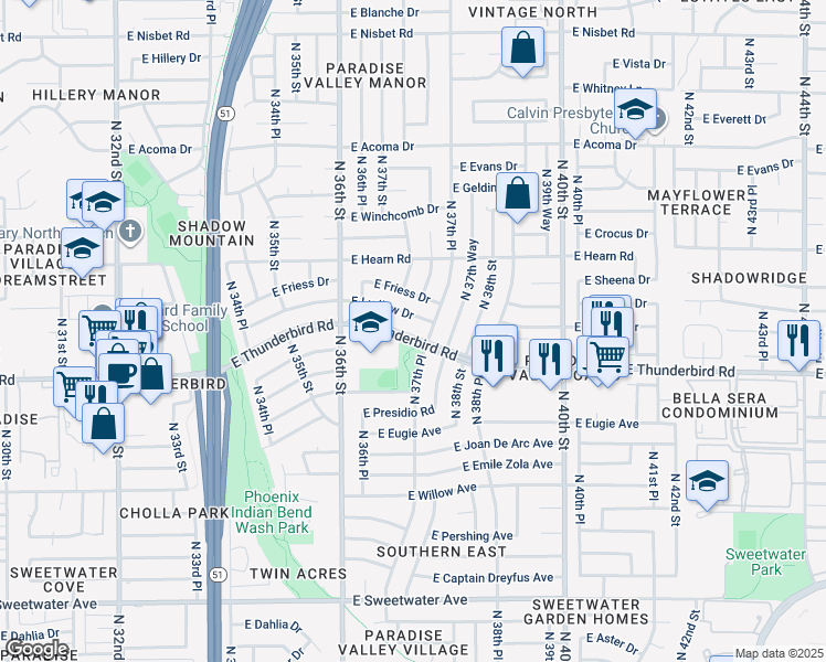 map of restaurants, bars, coffee shops, grocery stores, and more near 3647 East Ludlow Drive in Phoenix