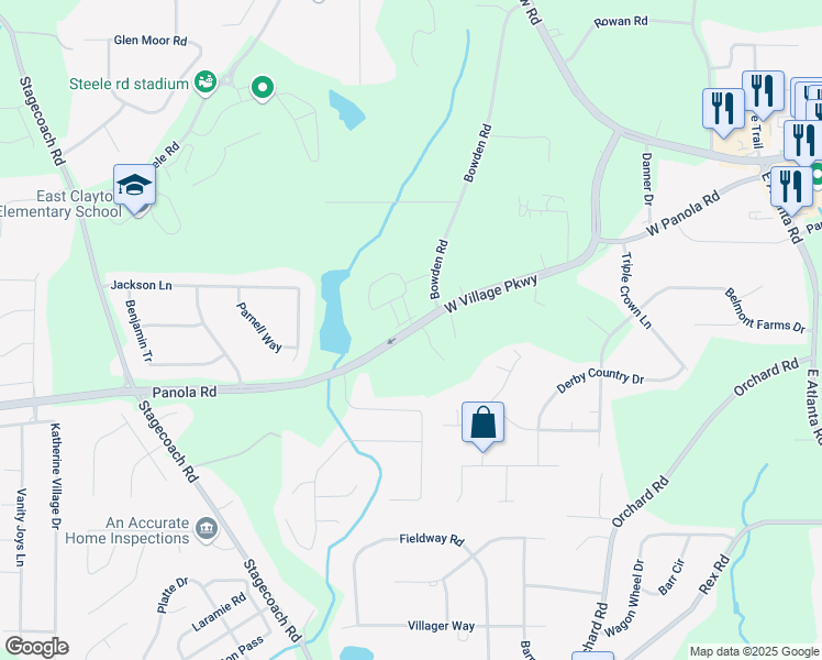 map of restaurants, bars, coffee shops, grocery stores, and more near 3995 West Village Parkway in Ellenwood