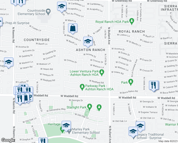 map of restaurants, bars, coffee shops, grocery stores, and more near 14875 West Hearn Road in Surprise