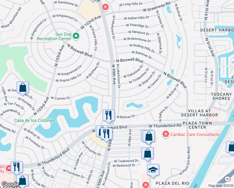 map of restaurants, bars, coffee shops, grocery stores, and more near 14214 North Lakeforest Drive in Sun City