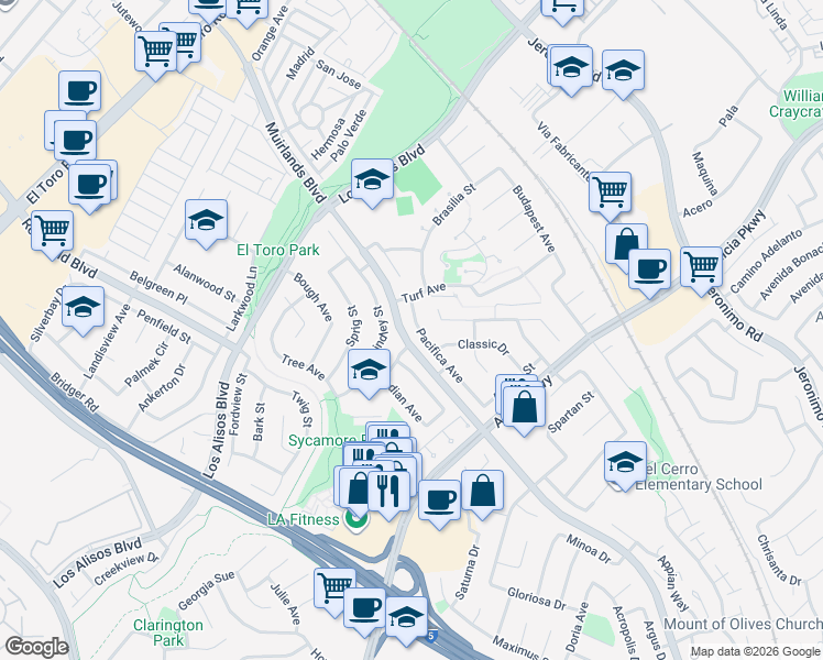 map of restaurants, bars, coffee shops, grocery stores, and more near 25266 Pacifica Avenue in Mission Viejo