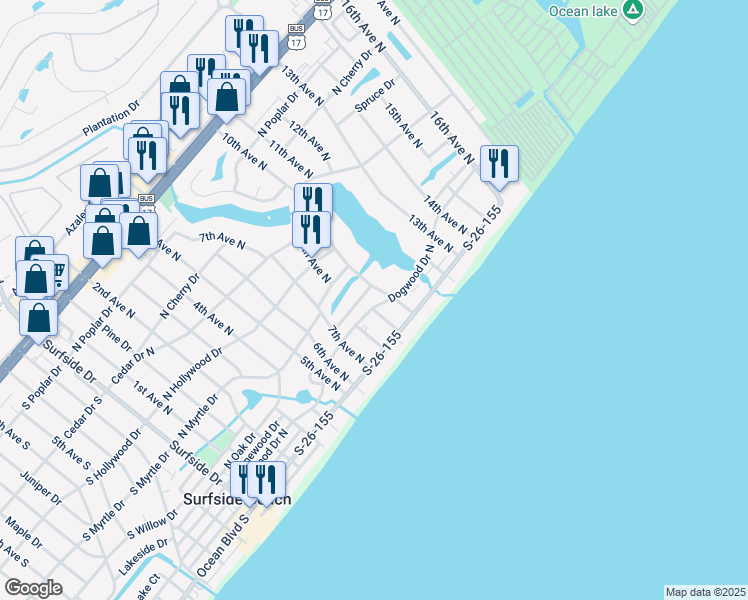 map of restaurants, bars, coffee shops, grocery stores, and more near 213 10th Avenue North in Surfside Beach